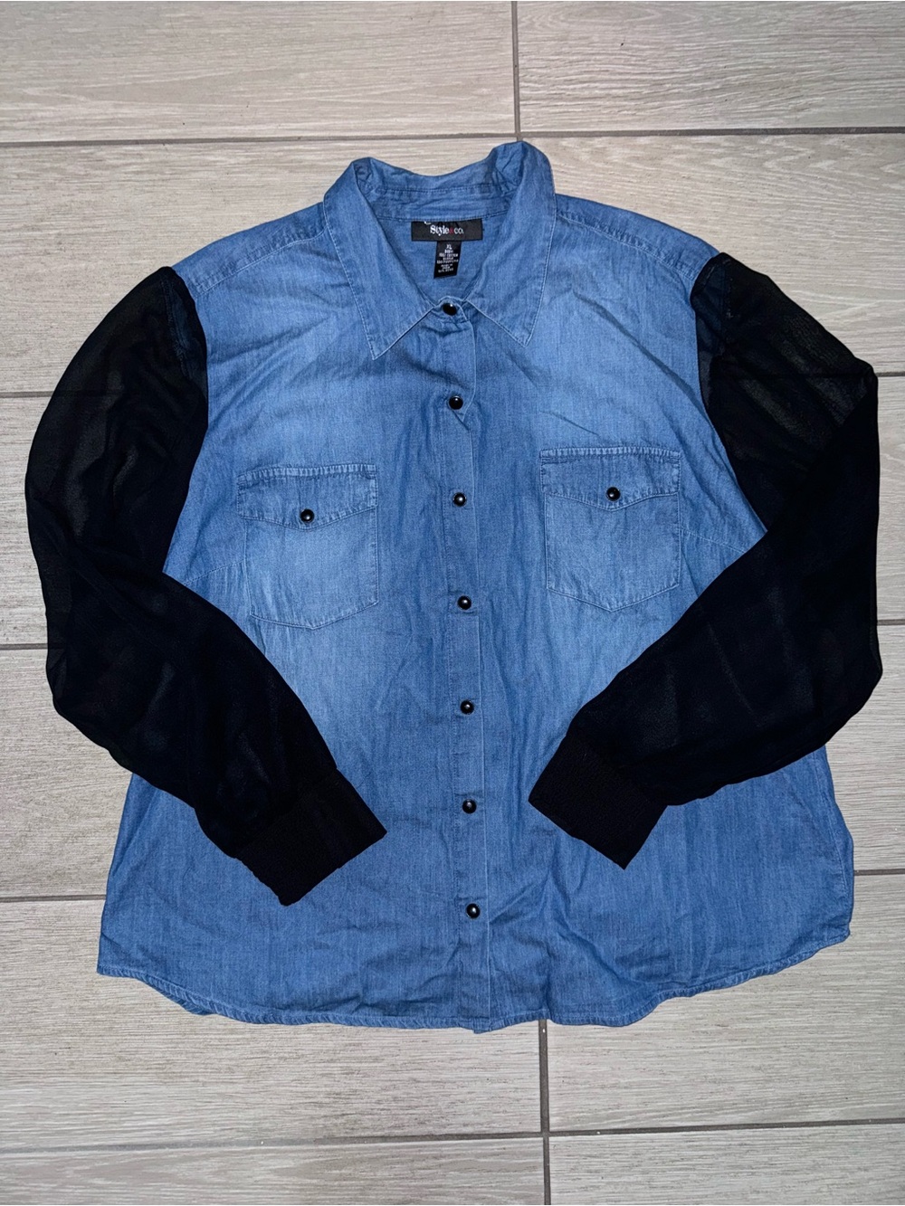 Women's Blue Denim Shirt with Black Mesh Sleeves